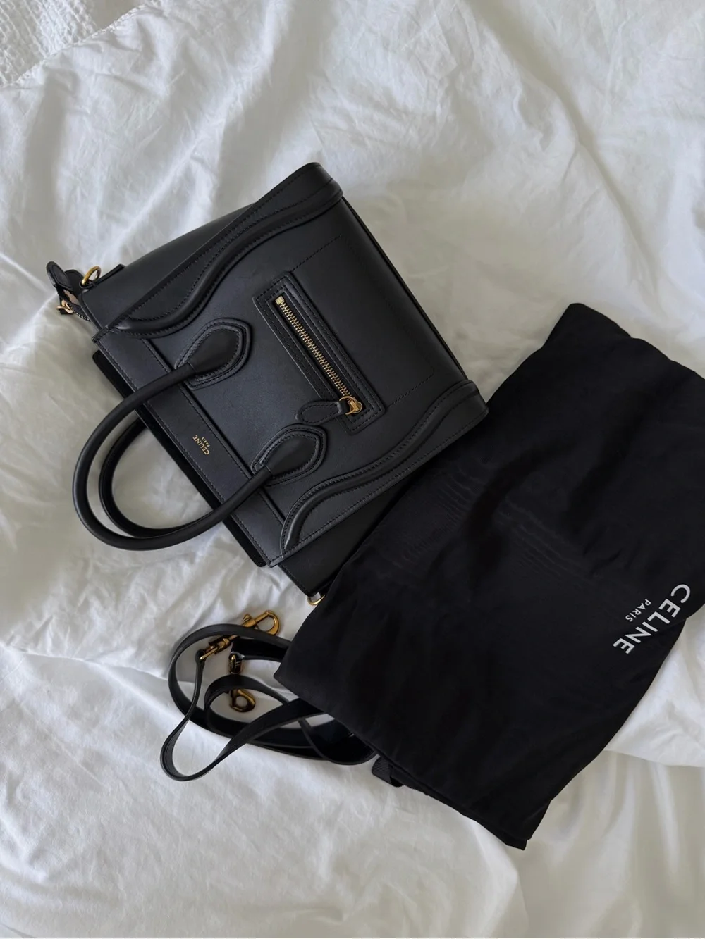 Celine Black Leather Mini Luggage Satchel with Gold Hardware